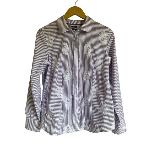 Talbots Perfect Purple White Floral Striped Non-Iron Collared Button Front Long - Picture 2 of 12
